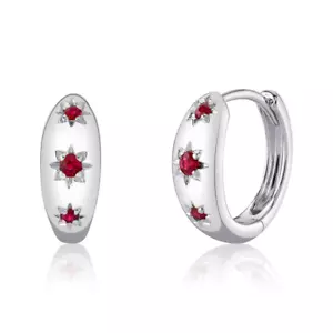 14K White Gold Ruby Star Huggie Hoops Earrings Natural 0.12 CT Round Cut - Picture 1 of 4