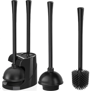 5.7-inch, 2-in-1 Silicon Toilet Drain Brush Plunger Combo with Caddy Stand,Black - Picture 1 of 7