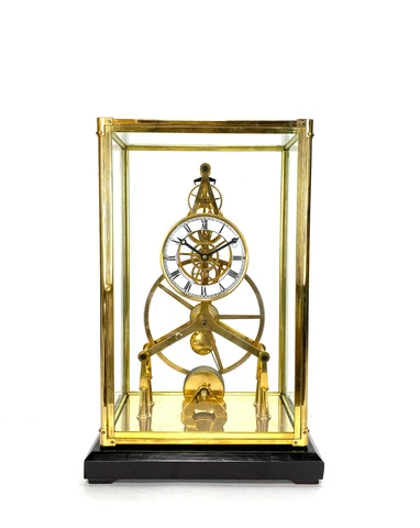24K Gold Plated 8 Day Great Wheel Fusee Driven Porcelain Dial Skeleton Clock Cover