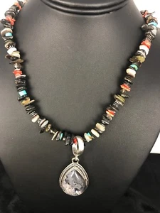 Abalone Pendant Turquoise, Spiny Oyster Navajo Sterling Silver Necklace 11886 - Picture 1 of 12