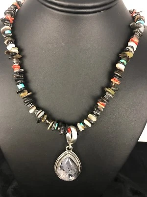 Abalone Pendant Turquoise, Spiny Oyster Navajo Sterling Silver Necklace 11886 - Image 1 of 4