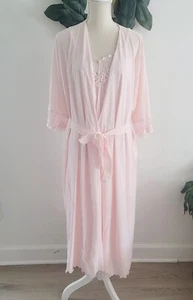 Shadowline Vintage Nylon Peignoir Pink Long Lace Sleevless Night Gown Robe Set S - Picture 1 of 16