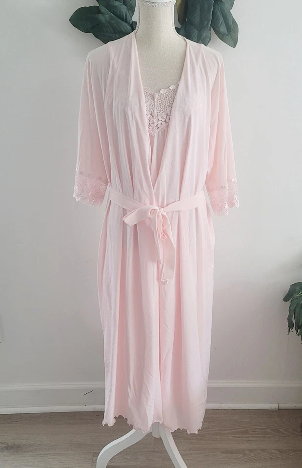 Shadowline Vintage Nylon Peignoir Pink Long Lace Sleevless Night Gown Robe Set S - Image 1 of 4