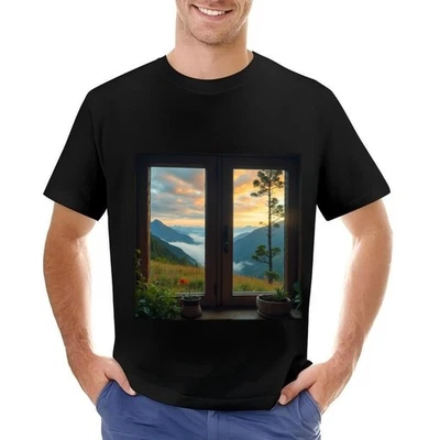 Men's Cotton Short Sleeve T-Shirt with Serene Landscape Print --All-cotton - Image 1 of 4