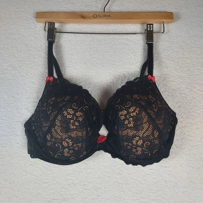 Adore Me Black Lace Underwire Bra 36DD with Red Bows – Padded Demi Style - Image 1 of 4