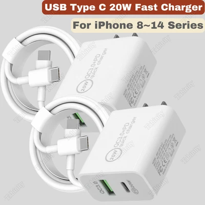 USB Type C 20W Fast Charger Adapter Block For iPhone 14 13 12 11 XR X 8 PD Cable - Image 1 of 4