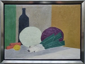 Gemälde Öl Konstruktiv Minimalistisch Stillleben Gemüse Flasche Kohl - Picture 1 of 12