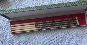 4 Vintage Chinese Chopsticks Cloisonne Enamel Inlay and Bone w/ Case 8” Long - Picture 1 of 7