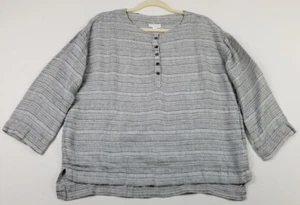 Pure Jill Linen Shirt Womens XS Gray Stripes Crew Pockets 3/4 Sleeves Summer Top - Picture 1 of 11