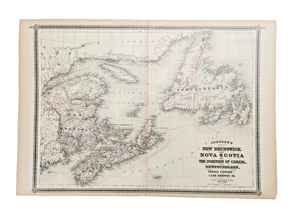Authentic Antique 1867 Map, Brunswick and Nova Scotia of the Dominion of Canada - Image 1 of 4