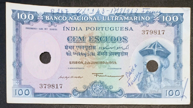 Specimen Sessenta (Sixty) Escudos Banknote of Banco Nacional Ultramarino of  Portuguese India (Goa) of 1959.