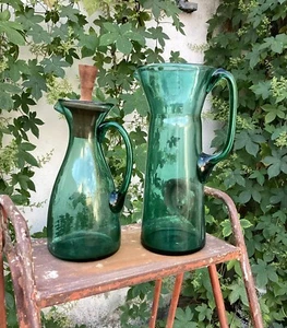 MID CENTURY SET OF TWO PITCHERS. ITALIAN SEA GREEN ART GLASS 11 INCHES. - Picture 1 of 8