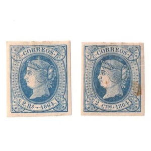 SPAIN 1864 Isabella II Sc# 66 x2 MINT MH XF & MH VF Stained Imperf Stampa CV$100 - Picture 1 of 1