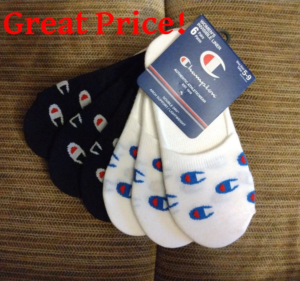 Champion Mujer 6-Pk. Calcetines Invisibles Forro Logo Negro/Blanco - ¡¡ENVÍO GRATUITO!!! Foto 1 de 4