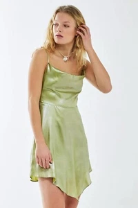 Slip DRESS Urban Outfitters Mallory mini lime green satin asymmetric sz S NWT - Picture 1 of 11