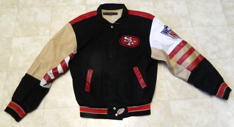 Vintage Jeff Hamilton Leather & Black Denim San Francisco 49ers Jacket Sz. Large Cover