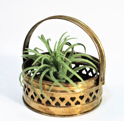 Vintage Brass Basket Metal Handle Cut-Out Heart Design Cover