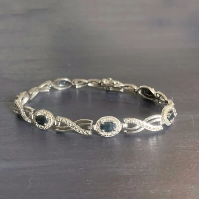 Pulsera Tenis Plata Esterlina Zafiro Azul Circonita Cúbica Talla 7.25 De Colección Foto 1 de 4