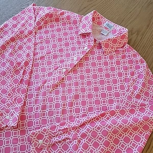Vintage Leon Levin rosa geometrisches Langarm-Poloshirt Größe Large adrett - Bild 1 von 11