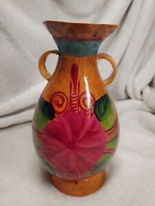 Hand Painted Handmade Gourd Vase Floral Orange Tribal Markings