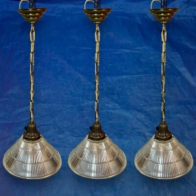 Rewired Set Of Three Pendant Light Fixtures With Rare Thick Globes 1J - Image 1 of 4