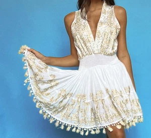 ANTICA SARTORIA 2024 WHITE SLEEVELESS DRESS W ITH ECRU AND GOLD TRIM OS NWT - Picture 1 of 6