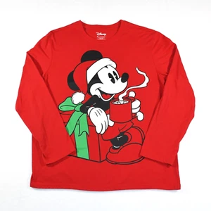 DISNEY Mickey Mouse Christmas Young Mens XL Sleep T-Shirt Santa Hat Long Sleeve - Picture 1 of 6