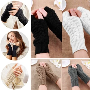 Women Winter Long Half Finger Fingerless Gloves Arm Hand Warmer Knitted Mittens - Picture 1 of 19