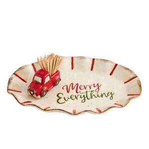 Mud Pie Merry Everything Serving Tray Red Christmas Truck Toothpick Holder Set