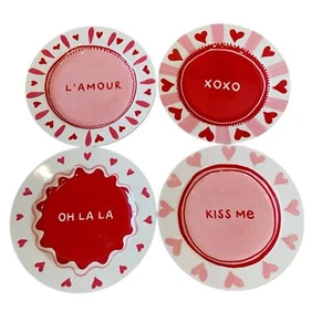 Valentines Day Melamine Appetizer Plates 8in Set of 4 Pink Red White Love New - Picture 1 of 15