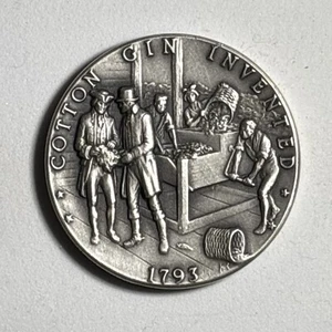 1793 Cotton Gin Invented Danbury Mint Sterling Silver Medal 40mm - Picture 1 of 3
