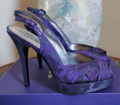 $335 NEW STUART WEITZMAN PLUM FIORE SATIN JACQUARD OPEN TOE PLATFORM PUMP 8.5 - Image 1 of 4