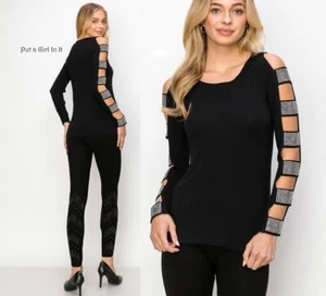 New VOCAL Womens CLASSY EMBELLISHED BLACK CUT OUT BLING SHIRT S M L XL 1X 2X 3X - Picture 1 of 7