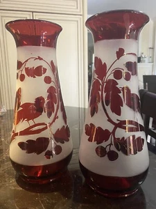 PAIR OF VINTAGE FROSTED BOHEMIAN RUBY RED CRANBERRY GLASS FLORAL &BIRD VASES - Picture 1 of 18