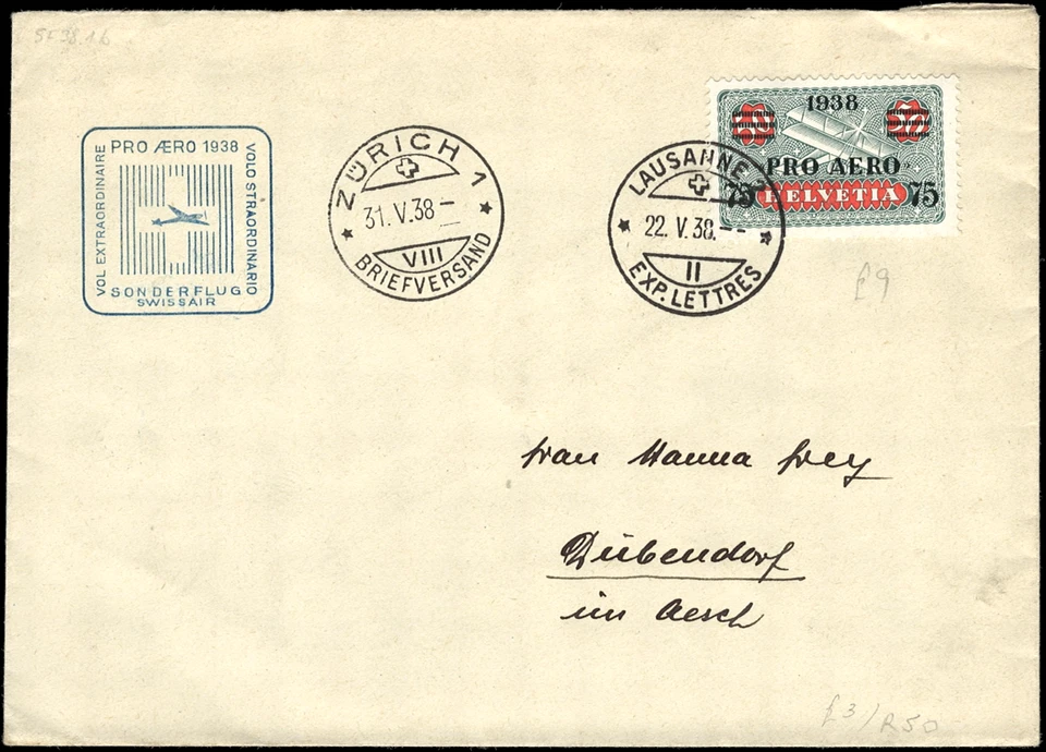 SWITZERLAND COVER - 1938 - Sonderflug Pro Aero flight from Lausanne to Zurich - Image 1 of 1