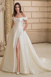Enzoani Trianon Mikado Square Neck ALine Split Wedding Dress Gown SzUS 8 UK 12 - Picture 1 of 9