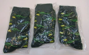 3 New Pair Green T-Rex Dinosaur Wearing Hat Knit Socks Kid Large or Women Small - Picture 1 of 2