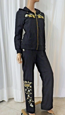 NWT BCBG sz X-LARGE (Bust38) 95% cotton BLK GOLD SKY BLUE FLOWERS 2 PC TRACKSUIT - Image 1 of 4