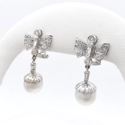 Solid 18K White Gold Natural Diamond Pearl Angel Wings Dangle Earrings Bridal - Image 1 of 4