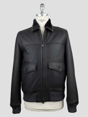 NEW CESARE ATTOLINI BLACK LEATHER SHEARLING COAT US 46 - EU 56 ACZ6 - Image 1 of 4