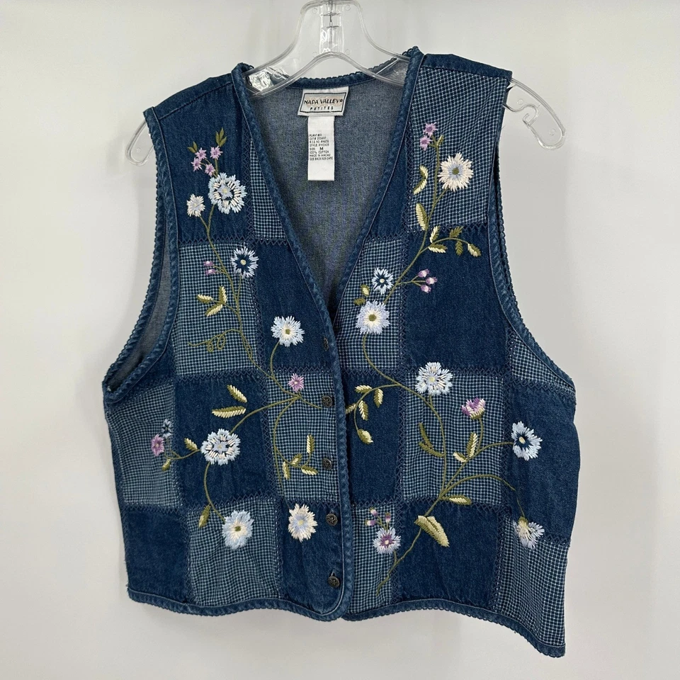 Chaleco vaquero vintage de retazos Cottagecore para mujer talla M bordado floral boho Foto 1 de 4