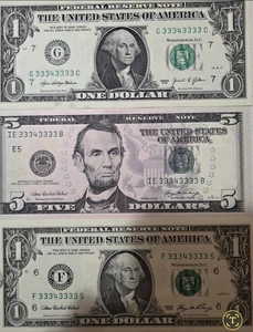 ($1/$1/$5) Binary Near Solid 7 Of A Kind MATCHING Fancy Serial Number 33343333 - Picture 1 of 3