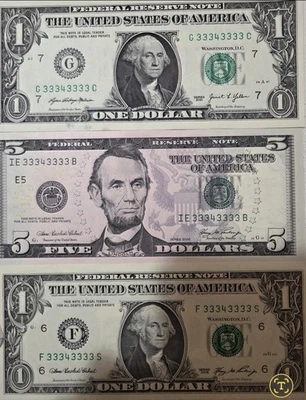 ($1/$1/$5) Binary Near Solid 7 Of A Kind MATCHING Fancy Serial Number 33343333 - Image 1 of 3