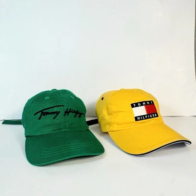 Lote de 2 chapéus vintage Tommy Hilfiger logotipo verde amarelo pulseira de couro anos 90 Y2K - Imagem 1 de 4