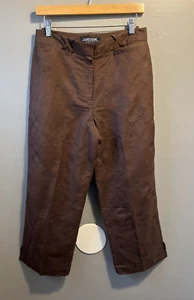 Larry Levine Sport Linen Blend Crop Pants Womens sz 8 Brown Embroidered Floral - Picture 1 of 13