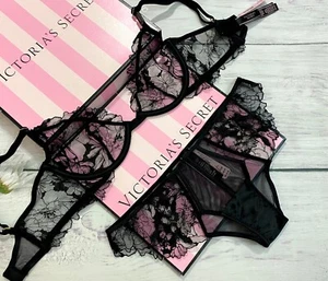 Victoria’s Secret Unlined Demi Bra Cheeky Set LUXE Lace Black 34DD 36C 36DDD - Picture 1 of 9