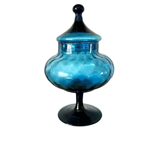 EMPOLI Blue Optic Glass Italy Apothecary Candy Compote Circus Tent Lid 10” - Picture 1 of 8