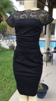 VESTIDO GIAMBATTISTA VALLI NEGRO ENCAJE TRANSPARENTE CUELLO ELÁSTICO TALLA 40 HECHO EN ITALIA Foto 1 de 4