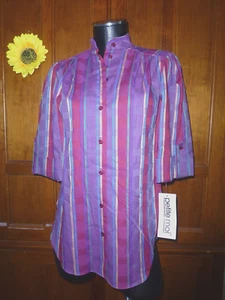 New Tag Vtg 80s Berry Blue Geo stripe Secretary Boho Tunic Top Blouse NOS M - Picture 1 of 5