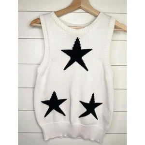Max Mara White Sleeveless Knit Black Star Pattern Sweater Tank Top Size Large - Picture 1 of 10
